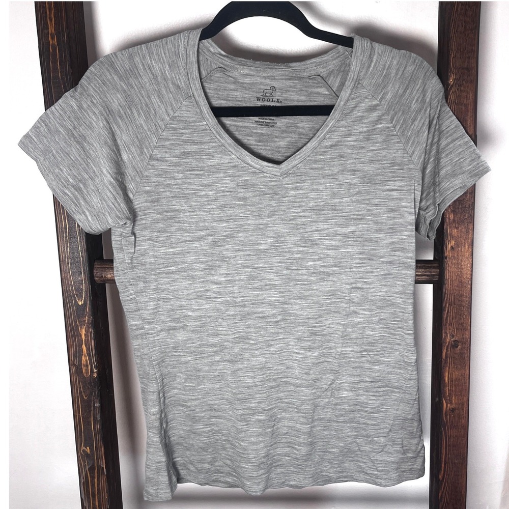 Woolx Merino Wool V-Neck T-Shirt Toupe/Grey Short Sleeve Raglan Top Med Gorp
